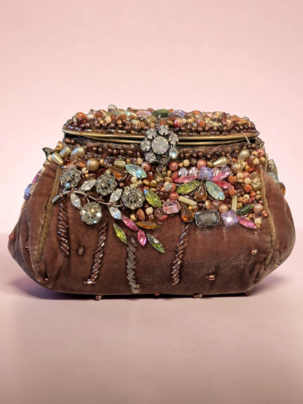 Mary Frances Brown Velvet Jeweled Evening Clutch with Multicolored Crystals
